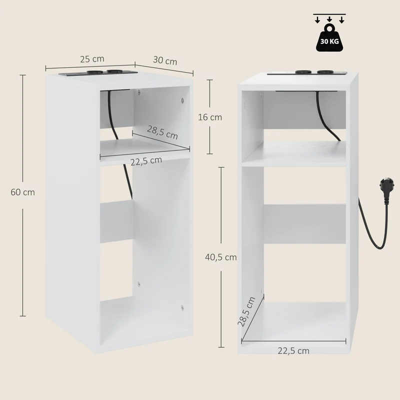 Conjunto de 2 Mesas de Apoio com Estação de Carregamento, 2 Tomadas, 2 Portas USB e 2 Espaços Abertos, Branco