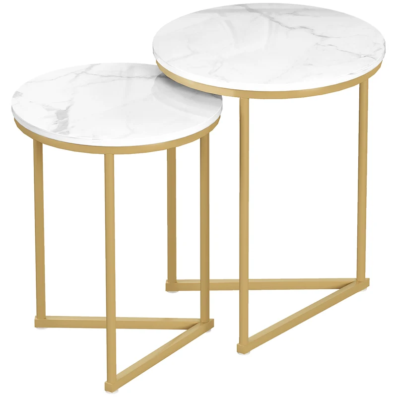 Conjunto 2 Mesas Laterais Mesa de Centro Moderna com Pés de Aço Dourados para Sala de Estar Quarto