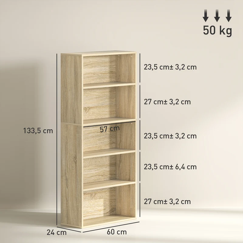 Estante prateleira de arrumação 5 níveis com prateleiras ajustáveis para sala, quarto, escritório, 60x24x133,5cm, natural
