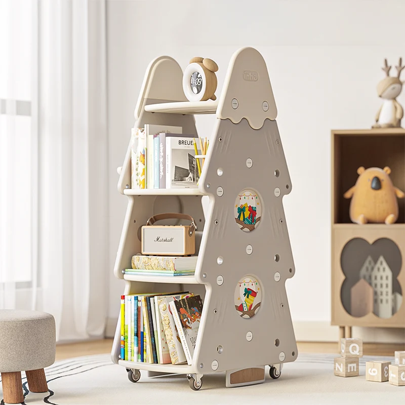 Contemporary Creative Christmas Tree PP & PE Plastic Kids Movable Bookshelf 4-Layer For Study