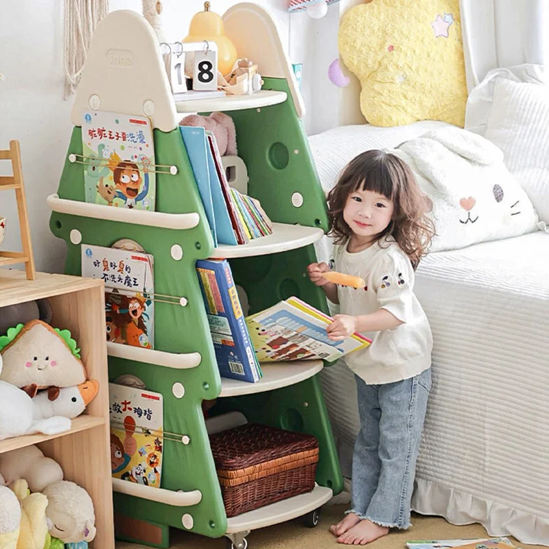 Contemporary Creative Christmas Tree PP & PE Plastic Kids Movable Bookshelf 4-Layer For Study