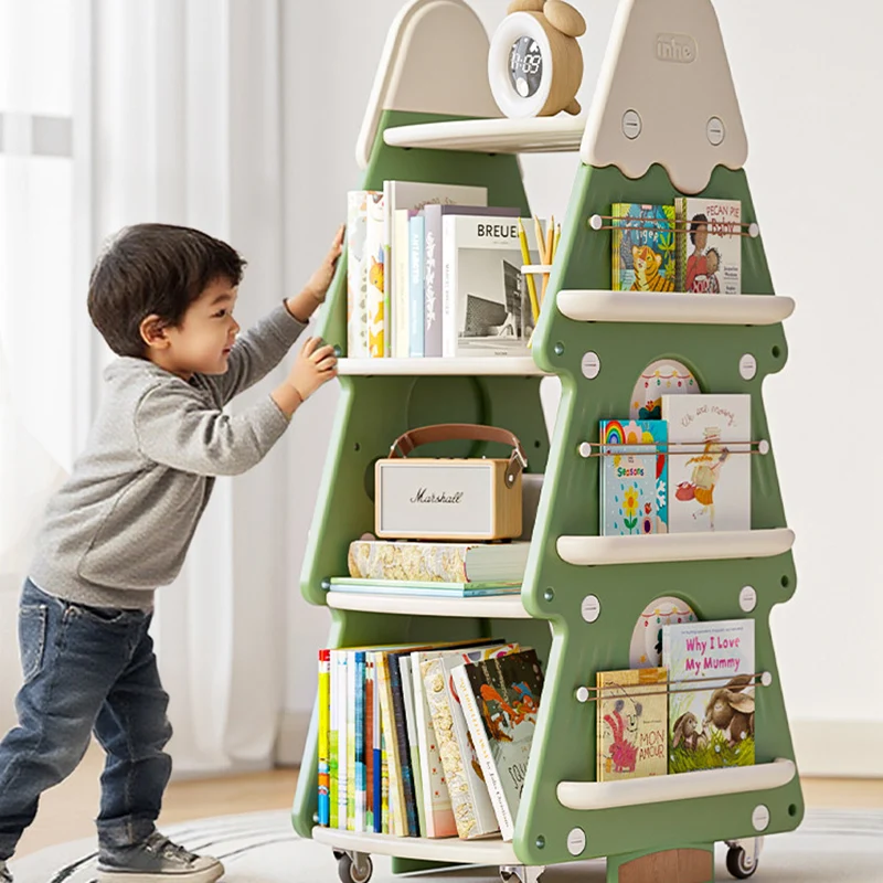 Contemporary Creative Christmas Tree PP & PE Plastic Kids Movable Bookshelf 4-Layer For Study