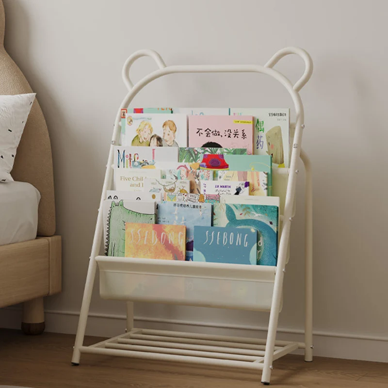 Modern Simplicity Iron Polyester Fabric Cartoon Line Bear Kids Lightweight Bookshelf 4-Tier For Study