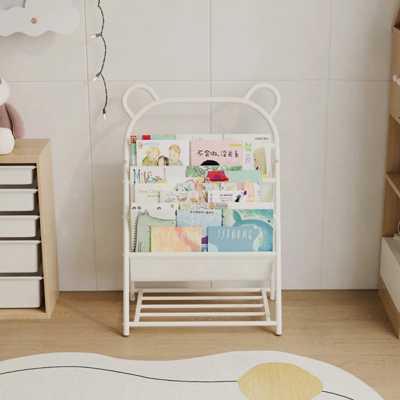 Modern Simplicity Iron Polyester Fabric Cartoon Line Bear Kids Lightweight Bookshelf 4-Tier For Study