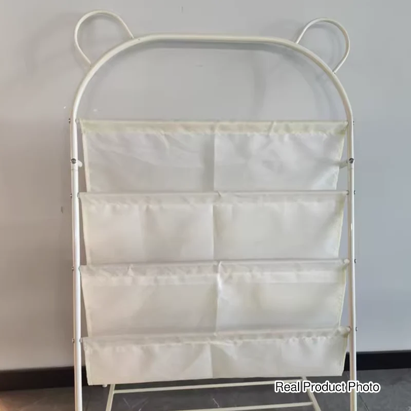 Modern Simplicity Iron Polyester Fabric Cartoon Line Bear Kids Lightweight Bookshelf 4-Tier For Study