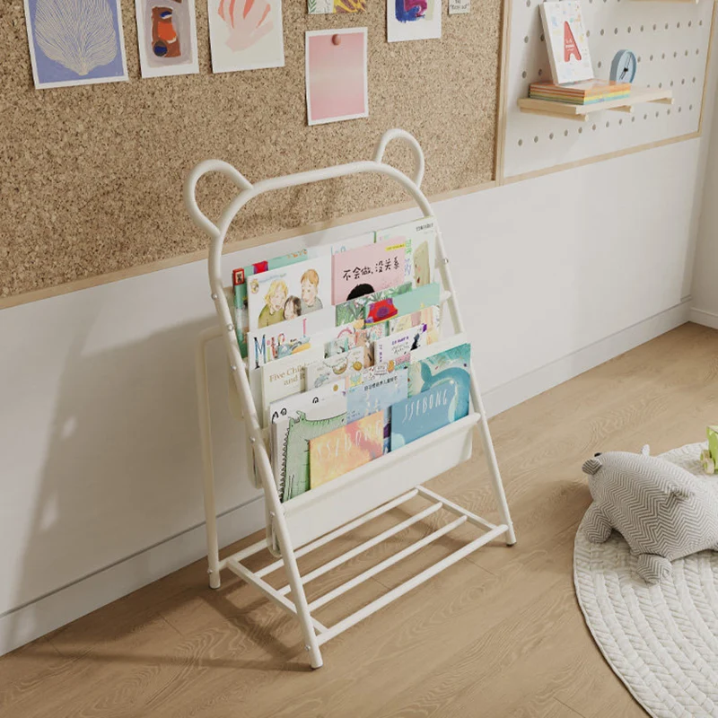 Modern Simplicity Iron Polyester Fabric Cartoon Line Bear Kids Lightweight Bookshelf 4-Tier For Study