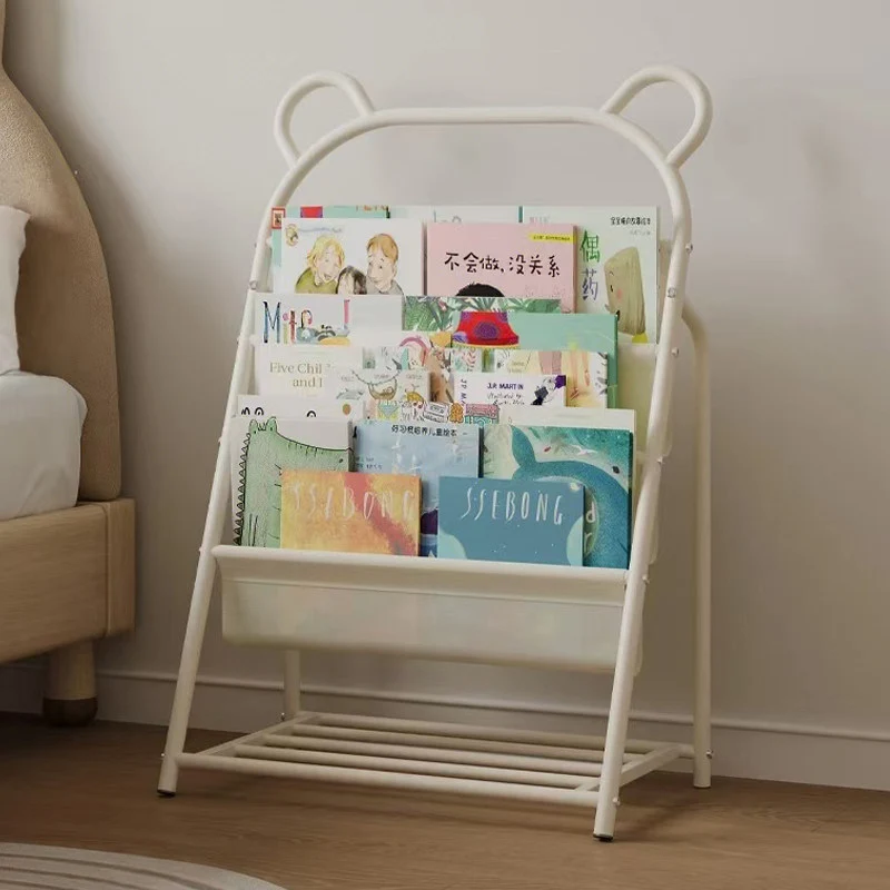 Modern Simplicity Iron Polyester Fabric Cartoon Line Bear Kids Lightweight Bookshelf 4-Tier For Study
