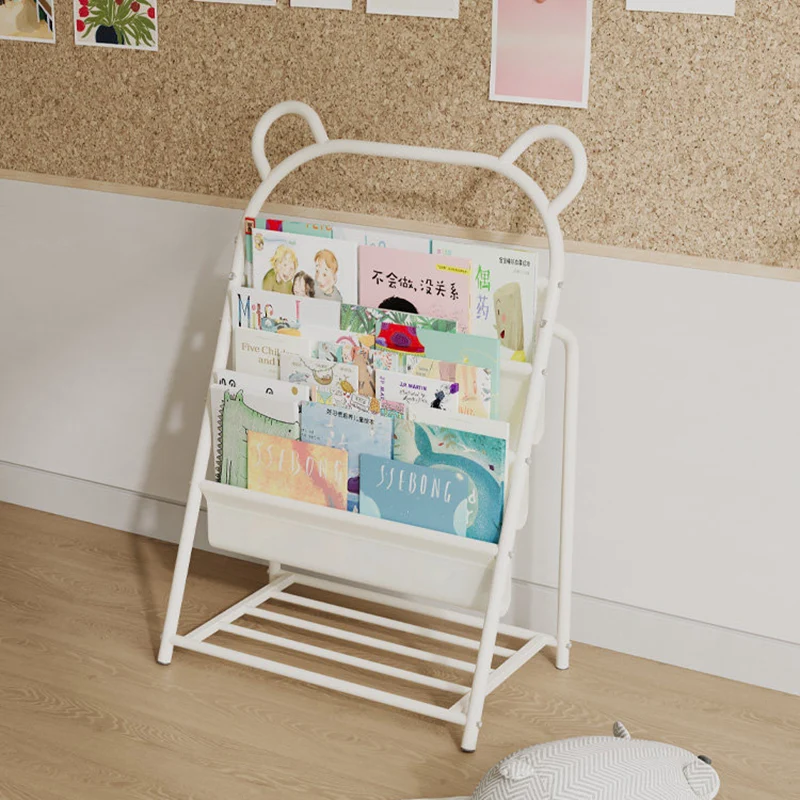 Modern Simplicity Iron Polyester Fabric Cartoon Line Bear Kids Lightweight Bookshelf 4-Tier For Study