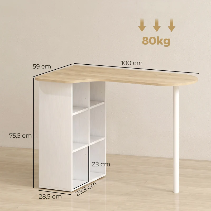 Secretária Irregular Mesa de Computador 100x59 cm com 6 Compartimentos 4 Prateleiras Ajustáveis e Estrutura em Aço Carvalho