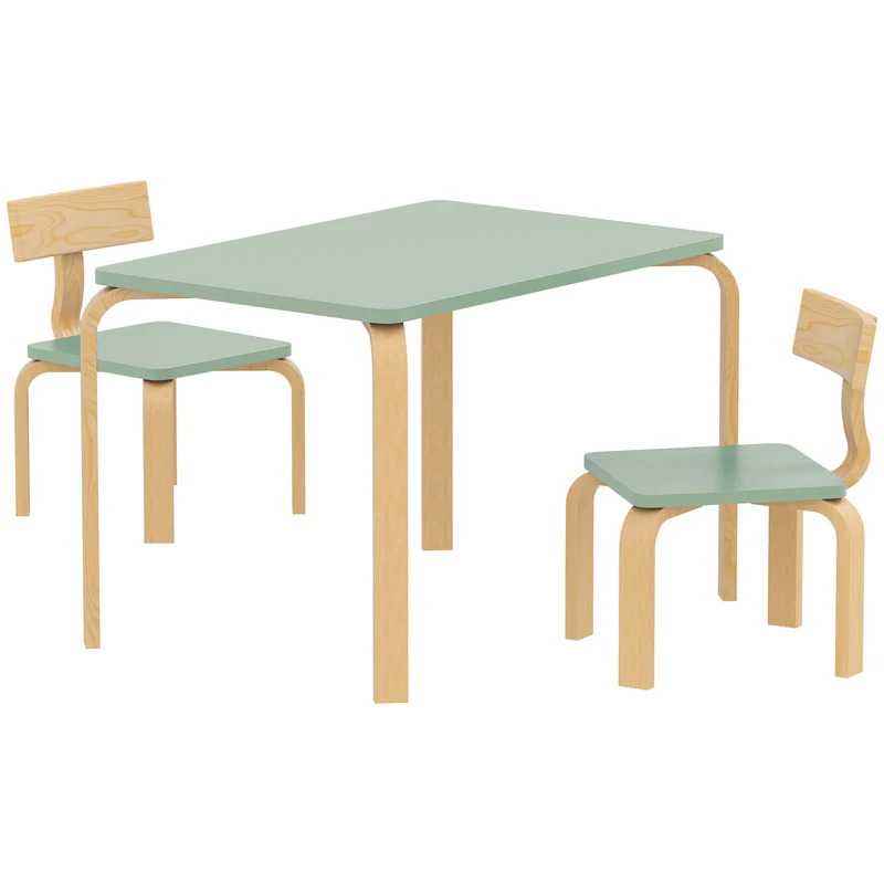 Mesa Infantil com Cadeiras Conjunto Mesa e 2 Cadeiras Infantis em Madeira para Desenhar Brincar Estudar 78x53x53cm Verde