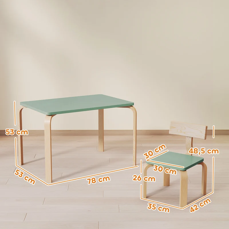 Mesa Infantil com Cadeiras Conjunto Mesa e 2 Cadeiras Infantis em Madeira para Desenhar Brincar Estudar 78x53x53cm Verde
