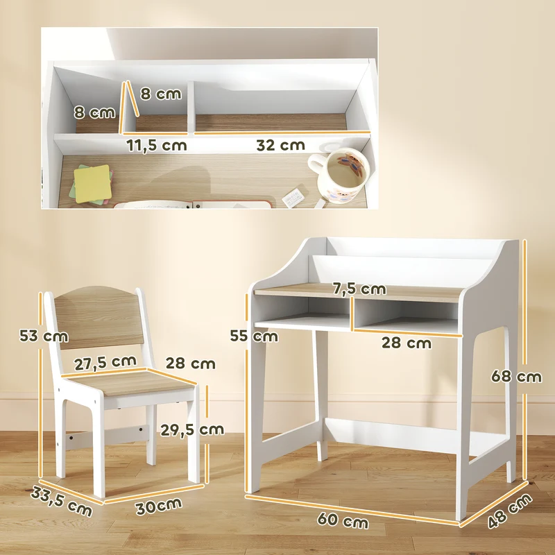 Conjunto de Mesa e Cadeira para Crianças de 3-8 Anos com Compartimentos e Prateleiras Abertas Efeito Madeira Natural