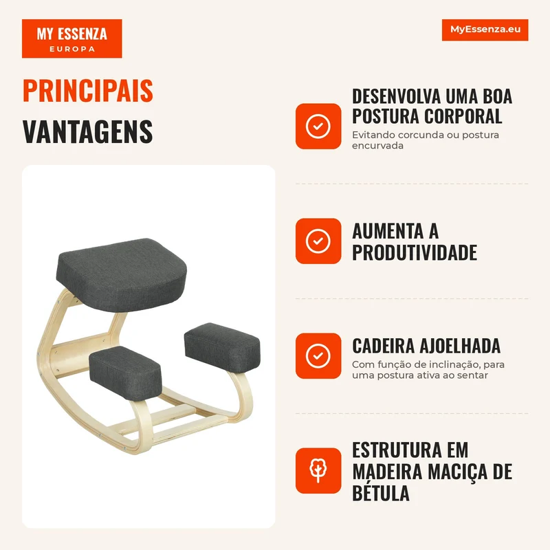 Cadeira ajoelhada, banqueta ergonômica estofada para postura saudável, madeira de bétula, capacidade de 120 kg, Cinza escuro