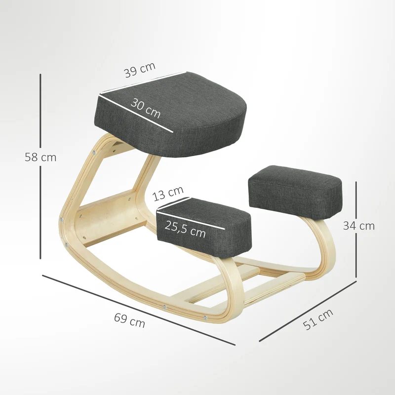 Cadeira ajoelhada, banqueta ergonômica estofada para postura saudável, madeira de bétula, capacidade de 120 kg, Cinza escuro