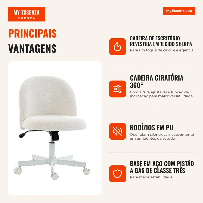 Cadeira de Secretária Giratória em Sherpa com Altura Ajustável Função de Balanço Capacidade 120 kg Creme
