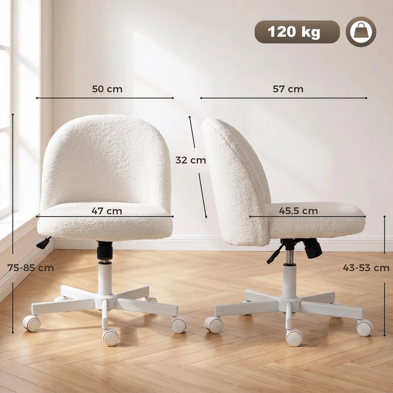 Cadeira de Secretária Giratória em Sherpa com Altura Ajustável Função de Balanço Capacidade 120 kg Creme