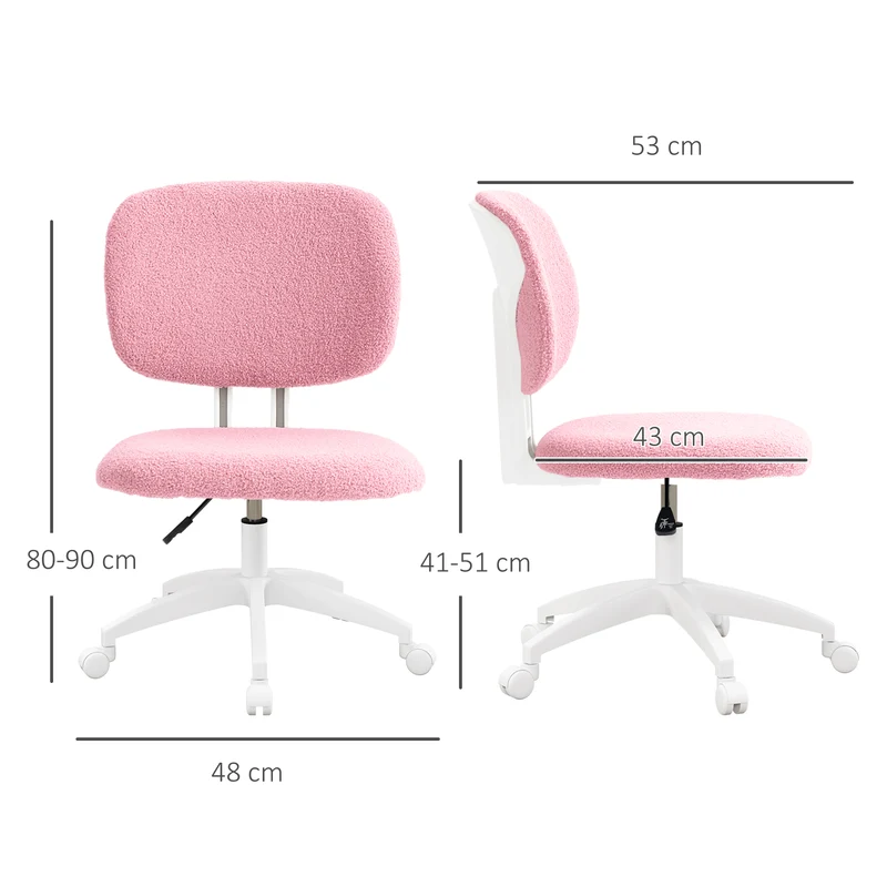 Cadeira de escritório, cadeira de computador giratória, ajustável em altura, 48 cm x 53 cm x 80-90 cm, rosa