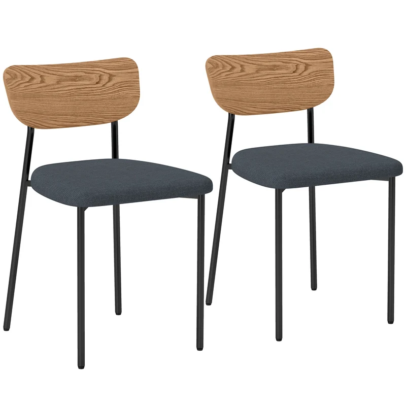 Conjunto de 2 Cadeiras de Sala de Jantar com Pés de Aço Encosto Curvo e Assento Acolchoado Cinza e Efeito Madeira Natural