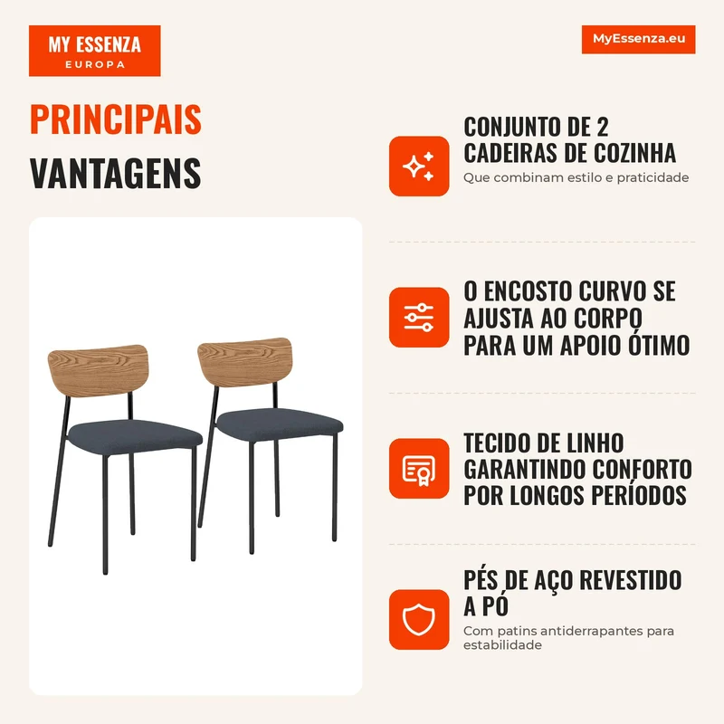 Conjunto de 2 Cadeiras de Sala de Jantar com Pés de Aço Encosto Curvo e Assento Acolchoado Cinza e Efeito Madeira Natural