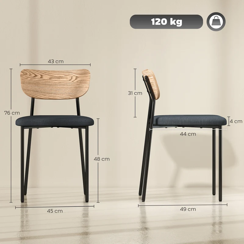 Conjunto de 2 Cadeiras de Sala de Jantar com Pés de Aço Encosto Curvo e Assento Acolchoado Cinza e Efeito Madeira Natural