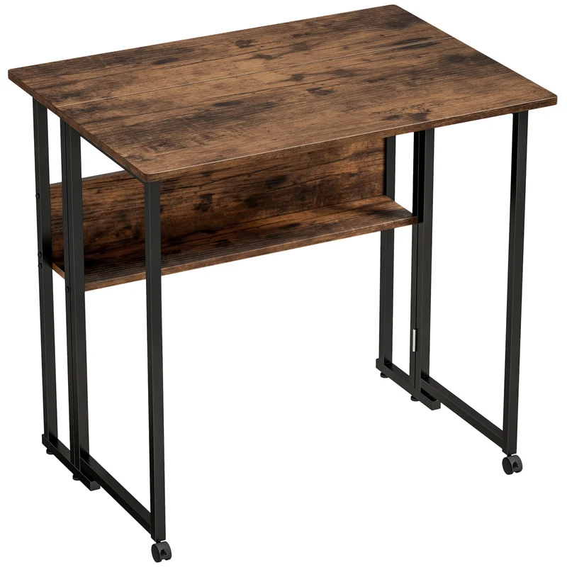 Mesa dobrável com prateleira, mesa de 80 cm para espaços pequenos, escritório, Castanho Rústico