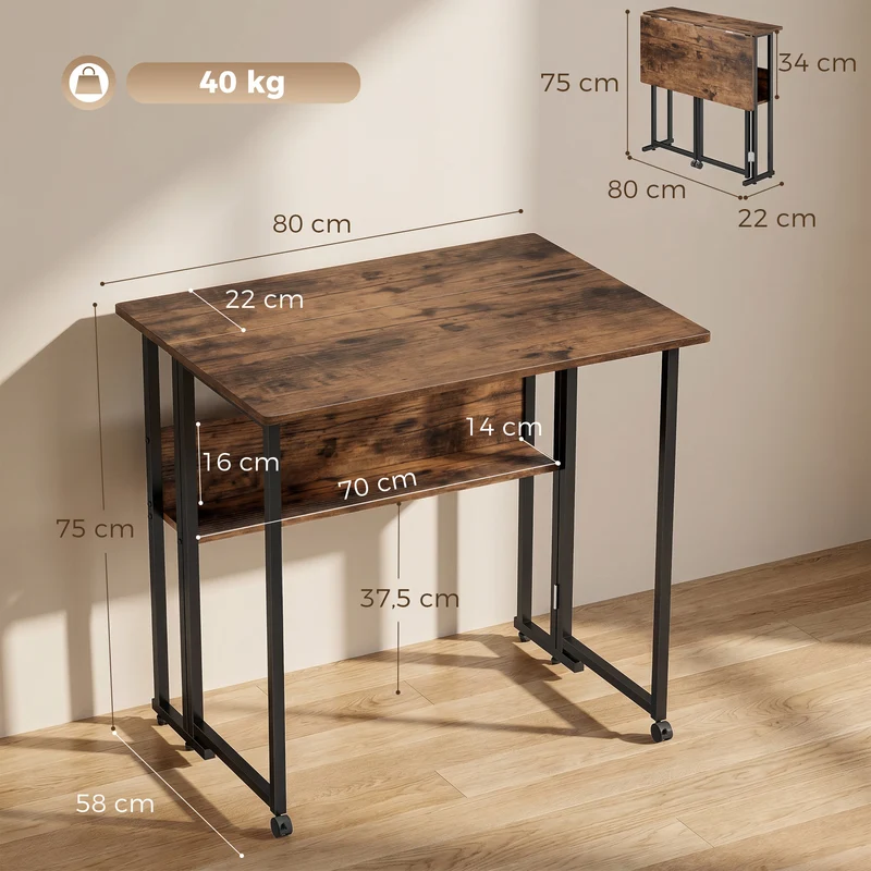 Mesa dobrável com prateleira, mesa de 80 cm para espaços pequenos, escritório, Castanho Rústico