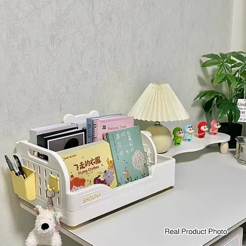 Modern Minimalist PP Plastic Cartoon Bear Trapezoidal Kids Lightweight Desktop Bookshelf 2-Divider For Study