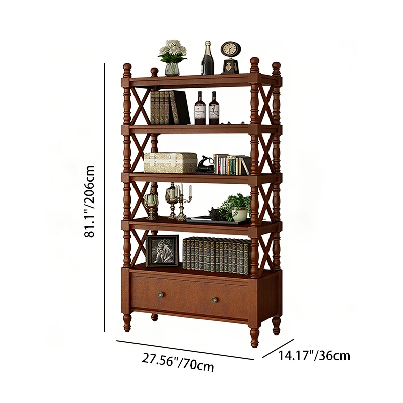 Traditional European Rubberwood MDF Rectangular Bookshelf 2/3/4/5-Tier For Living Room