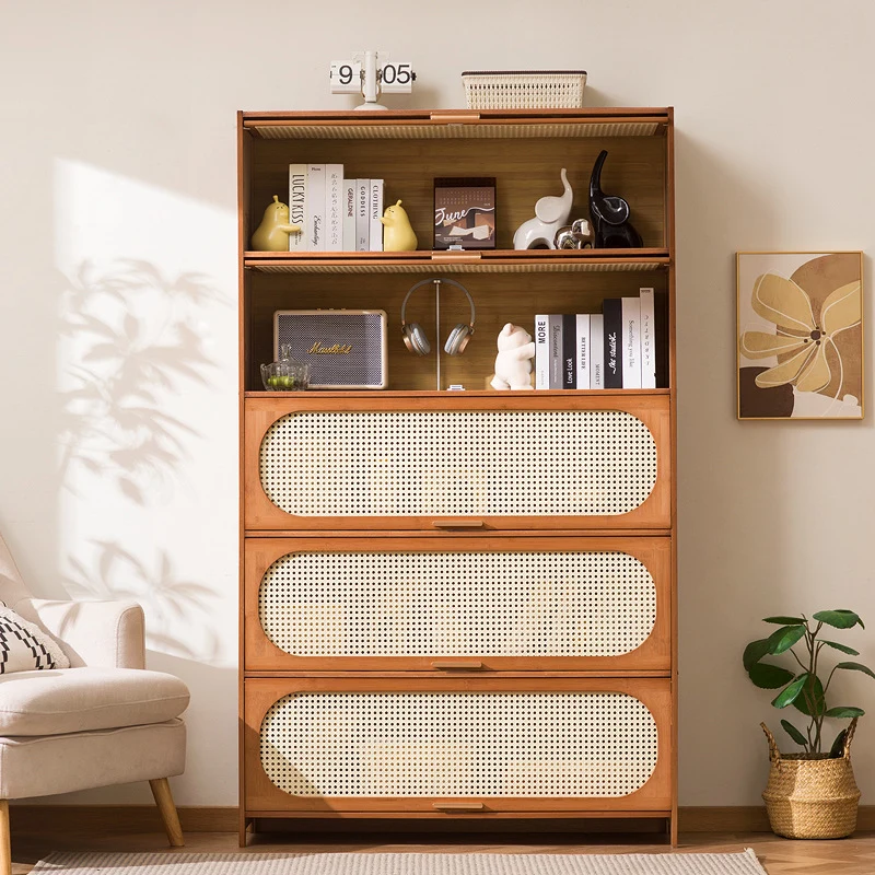 Traditional Chinese Bamboo Plastic Rattan Rectangular Openwork Storage Cabinet 3/4/5-Storages For Living Room