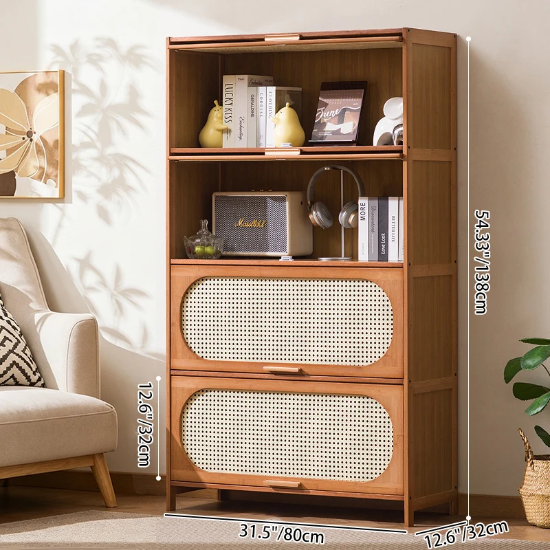 Traditional Chinese Bamboo Plastic Rattan Rectangular Openwork Storage Cabinet 3/4/5-Storages For Living Room