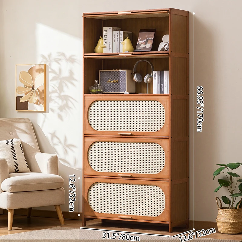 Traditional Chinese Bamboo Plastic Rattan Rectangular Openwork Storage Cabinet 3/4/5-Storages For Living Room