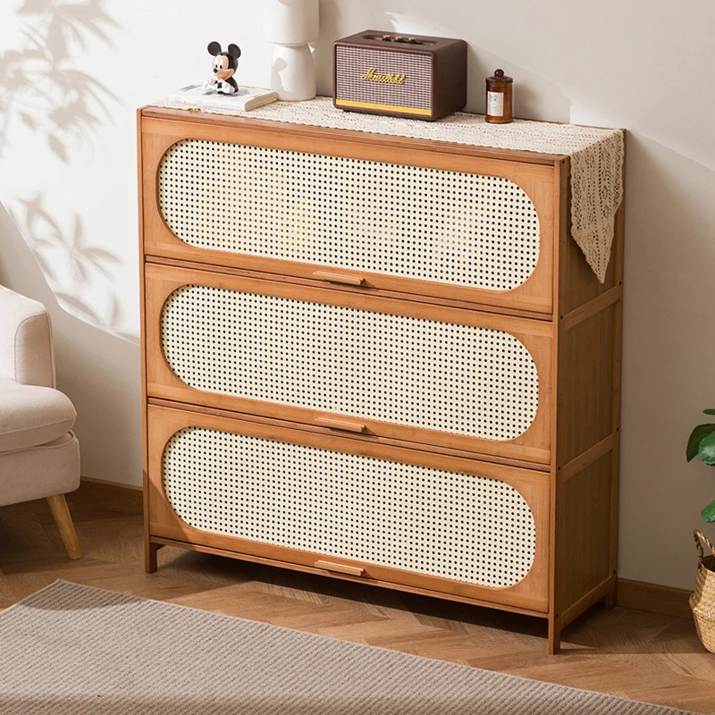 Traditional Chinese Bamboo Plastic Rattan Rectangular Openwork Storage Cabinet 3/4/5-Storages For Living Room