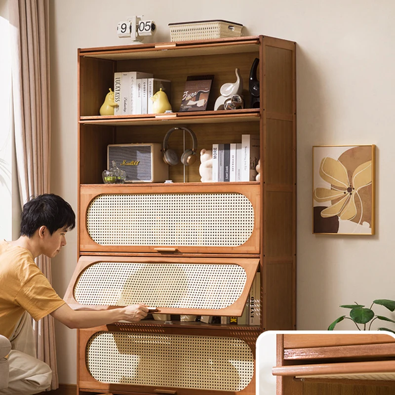 Traditional Chinese Bamboo Plastic Rattan Rectangular Openwork Storage Cabinet 3/4/5-Storages For Living Room