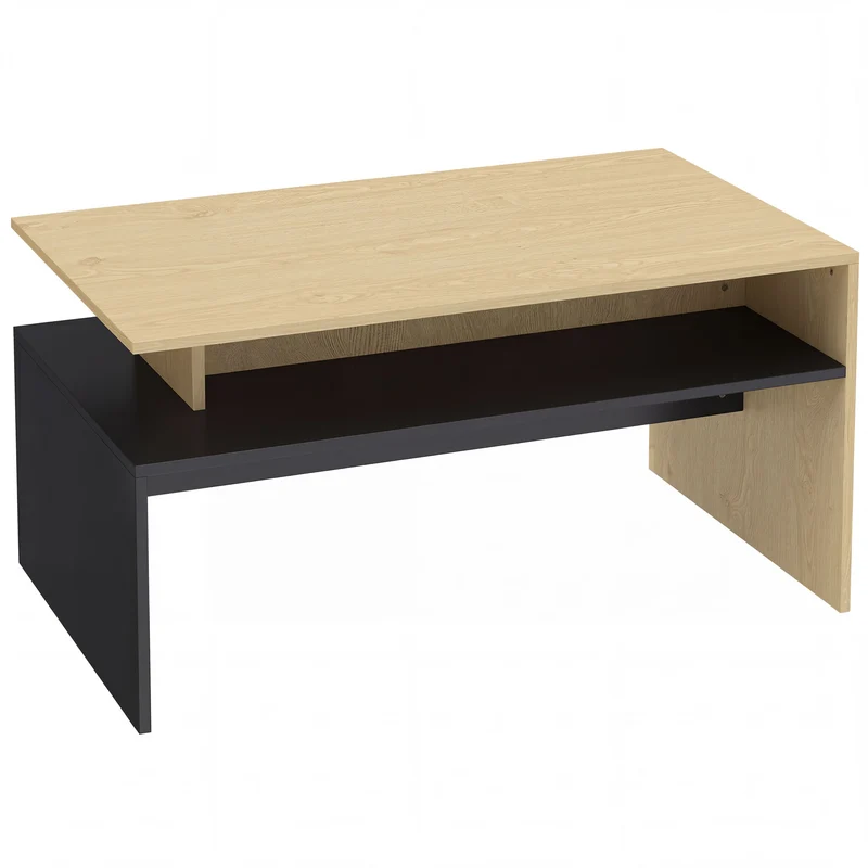 Mesa de Centro Moderna Bicolor com Níveis Desfasados e Prateleira de Arrumação 95x55x50 cm Madeira Natural e Preto