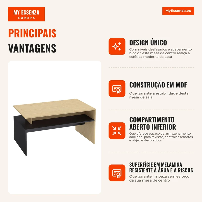 Mesa de Centro Moderna Bicolor com Níveis Desfasados e Prateleira de Arrumação 95x55x50 cm Madeira Natural e Preto