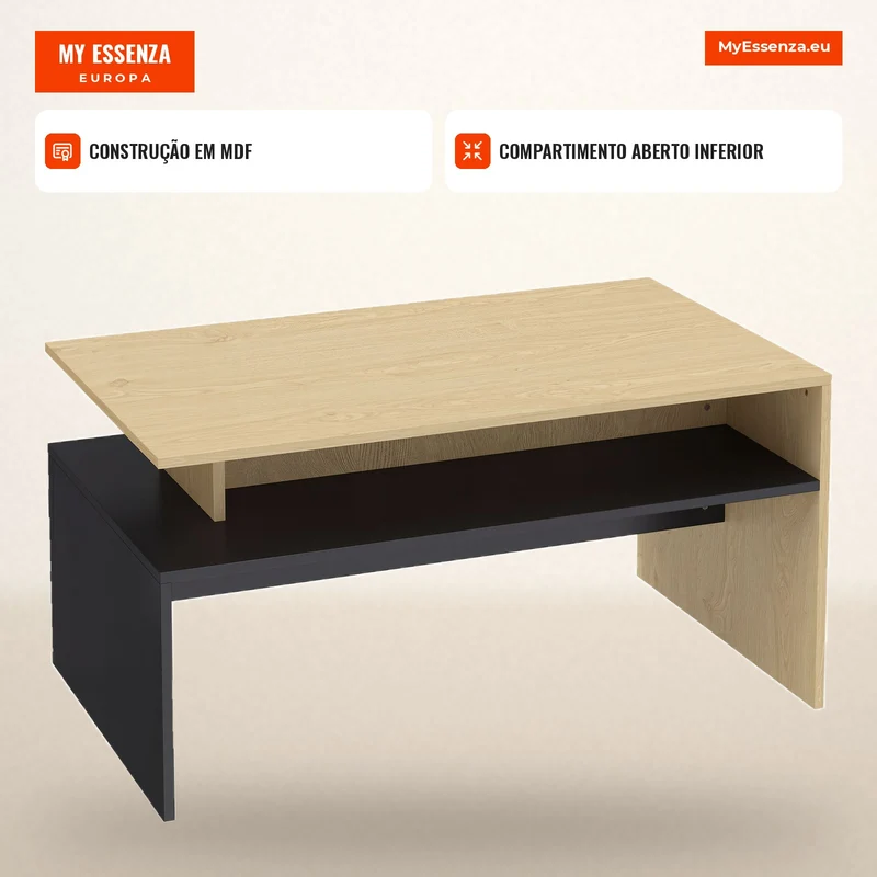 Mesa de Centro Moderna Bicolor com Níveis Desfasados e Prateleira de Arrumação 95x55x50 cm Madeira Natural e Preto