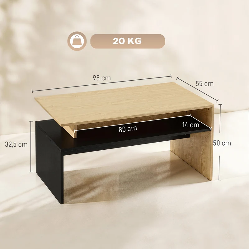 Mesa de Centro Moderna Bicolor com Níveis Desfasados e Prateleira de Arrumação 95x55x50 cm Madeira Natural e Preto