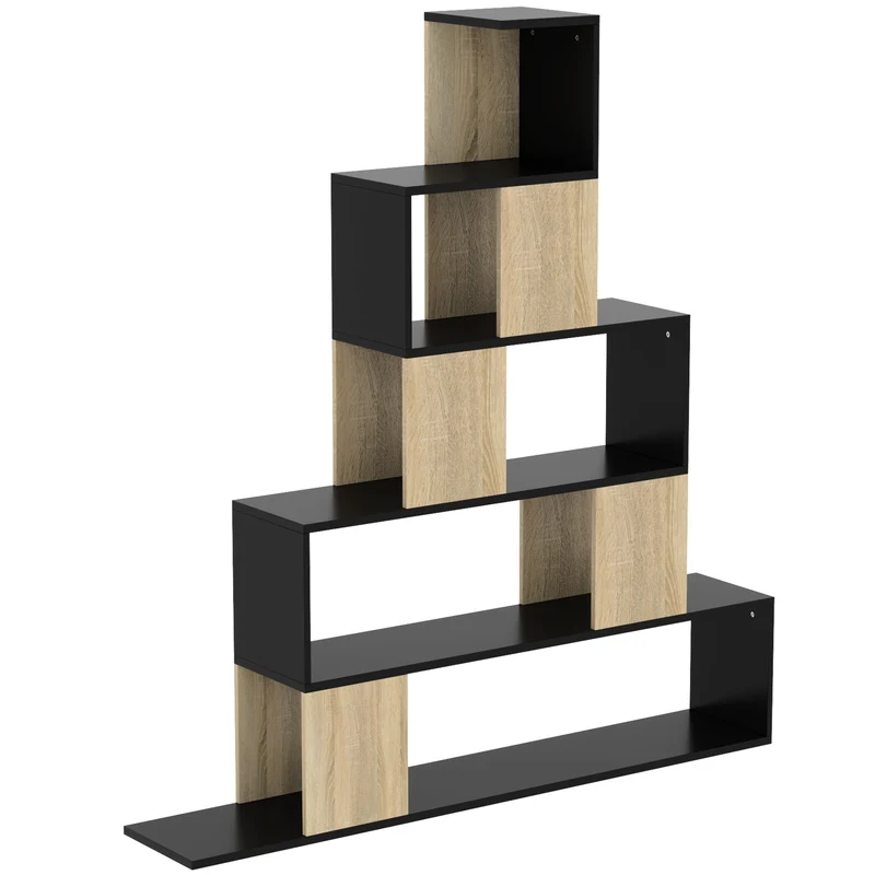Estante de arrumação, estante geométrica de 5 níveis, para escritório, sala, quarto, preto e madeira natural