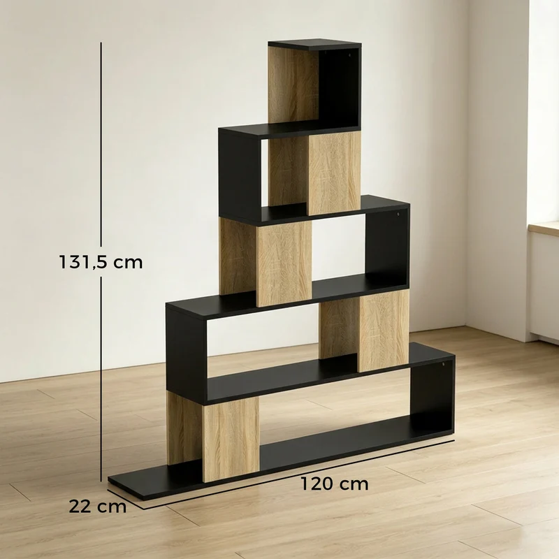 Estante de arrumação, estante geométrica de 5 níveis, para escritório, sala, quarto, preto e madeira natural