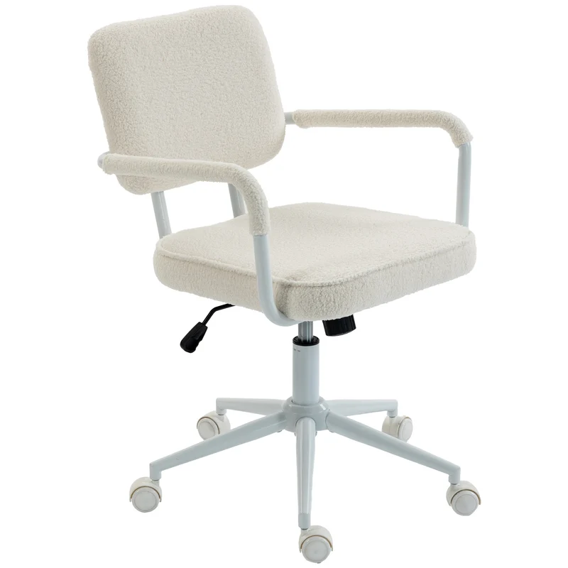 Cadeira de Escritório em Lã Sherpa Giratória com Função 360° de Rotação Função de Balanço Ajustável em Altura com Rodízios de PU Creme