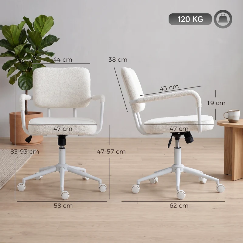 Cadeira de Escritório em Lã Sherpa Giratória com Função 360° de Rotação Função de Balanço Ajustável em Altura com Rodízios de PU Creme