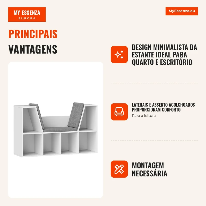 Estante com Assento 6 Compartimentos Estofada 105x30x63 cm Branco