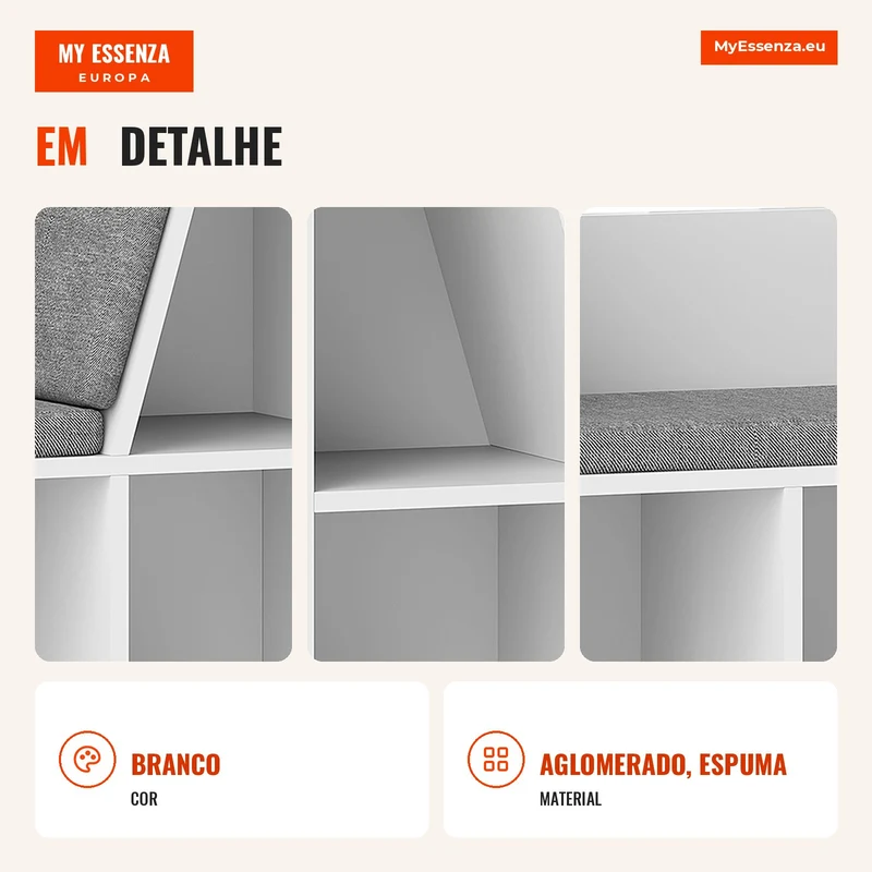 Estante com Assento 6 Compartimentos Estofada 105x30x63 cm Branco