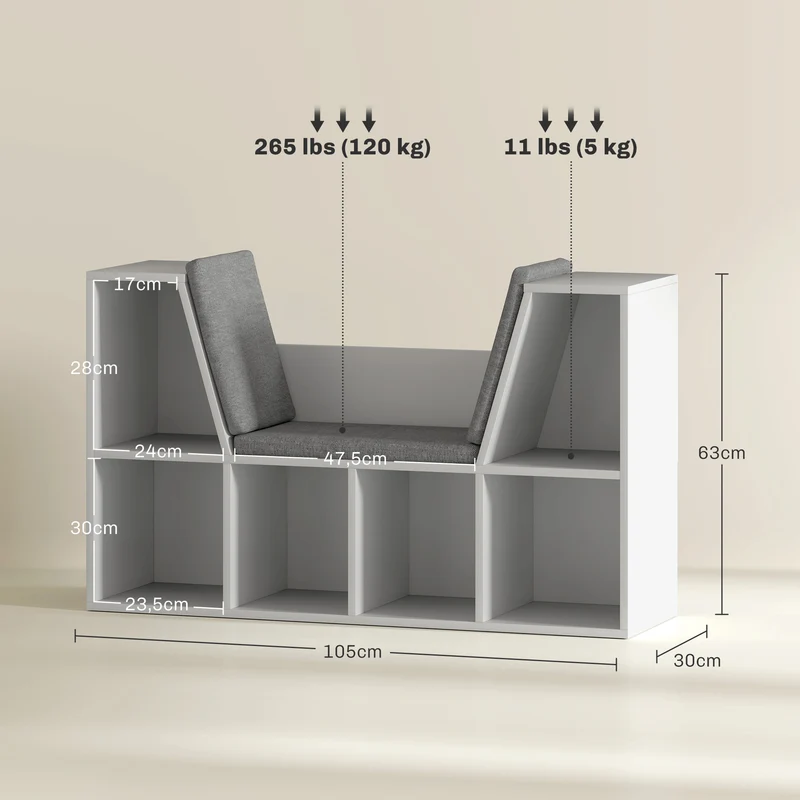 Estante com Assento 6 Compartimentos Estofada 105x30x63 cm Branco