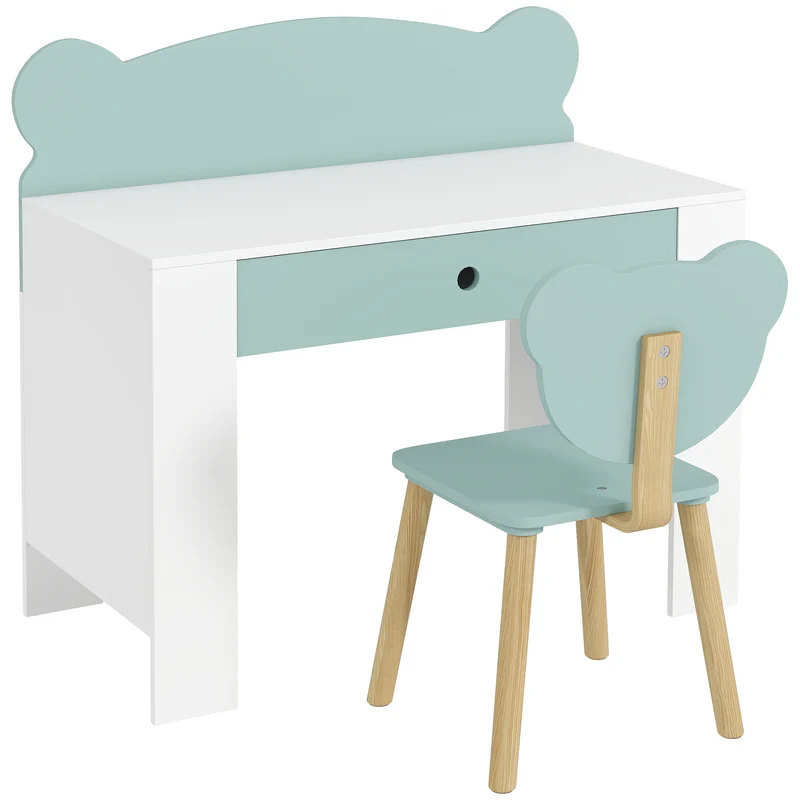 Mesa infantil com cadeira, mesa e cadeira com gaveta e tampo largo, 80 x 41 x 74,5 cm, verde