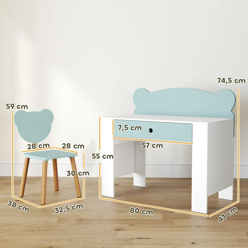 Mesa infantil com cadeira, mesa e cadeira com gaveta e tampo largo, 80 x 41 x 74,5 cm, verde