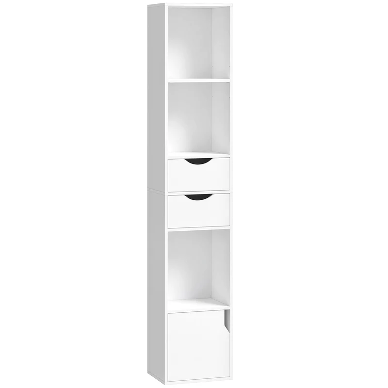 Estante com 2 Gavetas Armário de Livros Estreito com 3 Prateleiras Abertas para Escritório Quarto 30x24x158 cm Branco