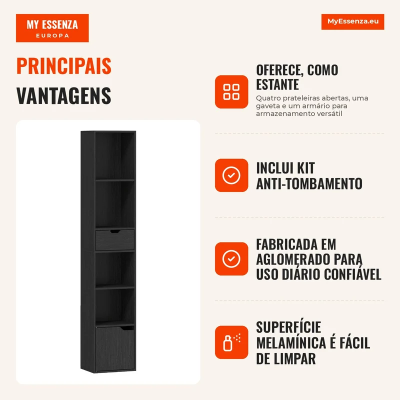 Estante de 6 Compartimentos com Gaveta e Compartimento Ajustável Armário de Armazenamento Independente 30x24x158 cm Preto