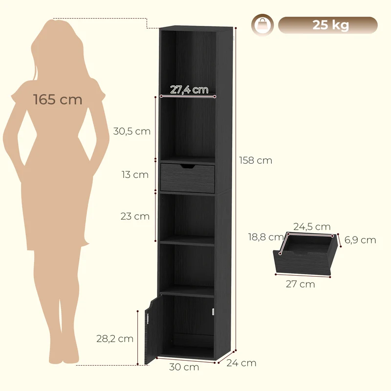 Estante de 6 Compartimentos com Gaveta e Compartimento Ajustável Armário de Armazenamento Independente 30x24x158 cm Preto