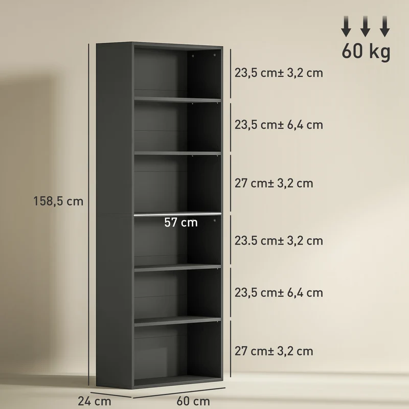 Estante de Arrumação 6 Níveis com Prateleiras Ajustáveis para Sala Quarto Escritório 60x24x158,5 cm Preto